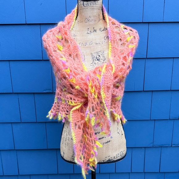 Handmade Accessories - Handcrafted Pink and Yellow Knit Scarf crochet, coral, yellow, and purple wrap